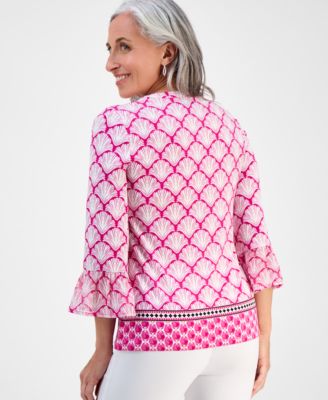 Petite Geometric-Print Split-Neck Top, Exclusively at Macy's 
