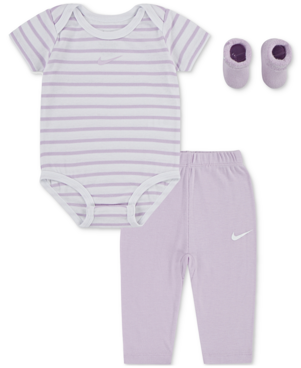 Nike Baby Boy Or Girl Bodysuit, Pants & Terry Socks, 3 Piece Gift Set In Purple