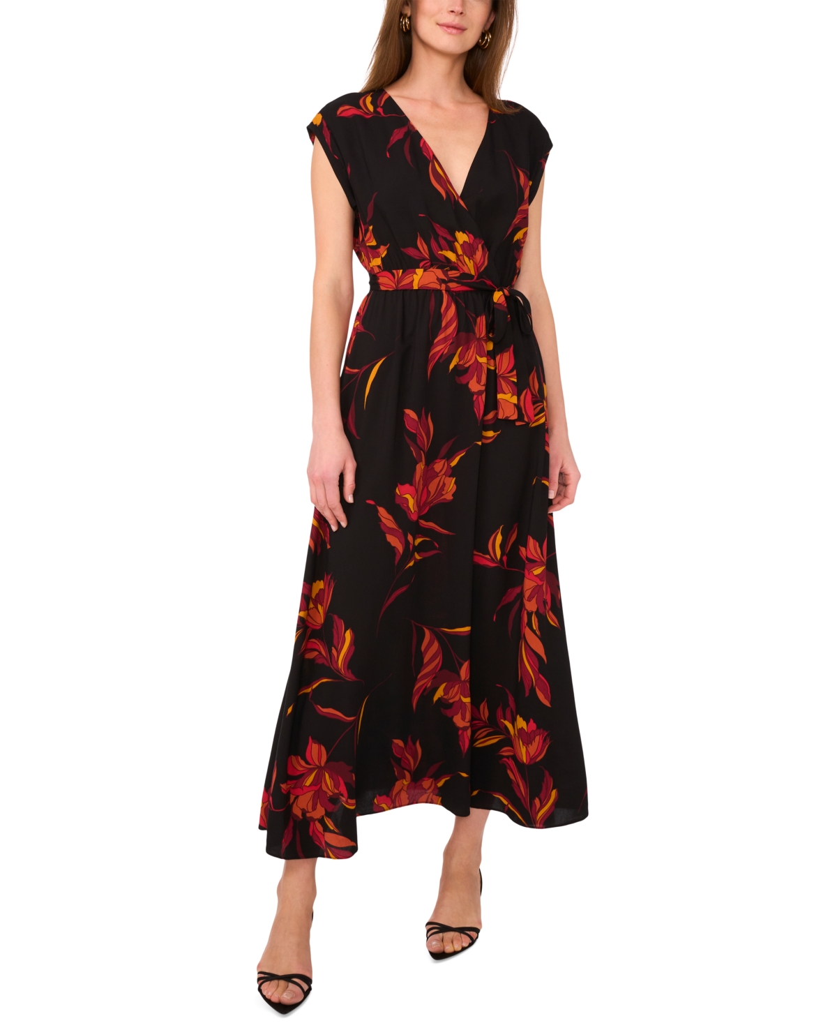 Women's Challis Belted Floral-Print Dress - Mulberry