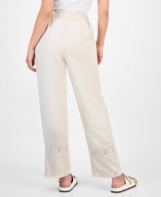Petite Linen-Blend Lace-Inset Wide-Leg Pants, Exclusively at Macy's 