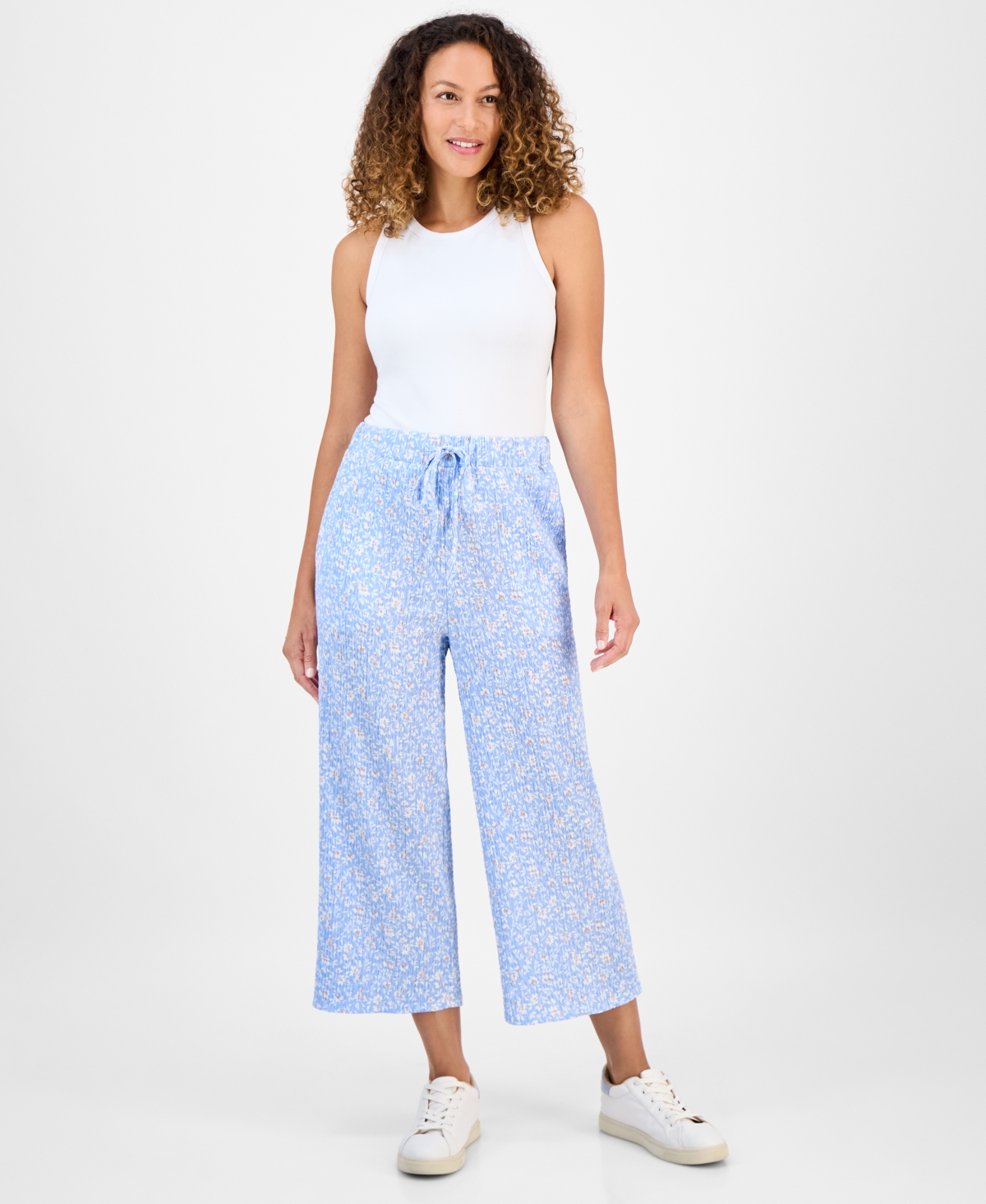Petite Printed High-Rise Wide-Leg Ankle Pants, Exclusively at Macy's - Ditsy Navy