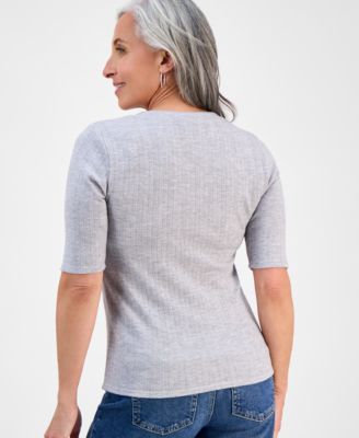 Petite Pointelle Elbow-Sleeve Henley Knit Top, Exclusively at Macy's 