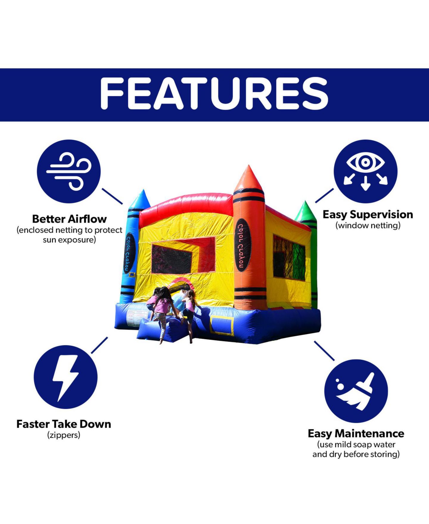 Детская игрушка HERO Kiddo Crayon Inflatable Bounce House Backyard Party Moonwalk Size 13'x13', Commercial Grade PVC Vinyl, for Kids and Adults, Outdoor Indoor, цвет: Красный — фото 6