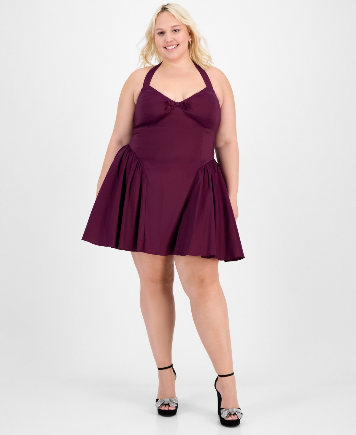 Trendy Plus Size A-Line Halter Dress - Dark Red