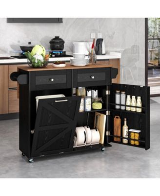 Rolling Kitchen Island with Trash Can Cabinet and Rubber Universal Wheels
