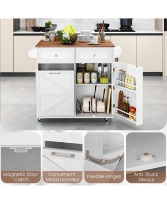 Rolling Kitchen Island with Trash Can Cabinet and Rubber Universal Wheels