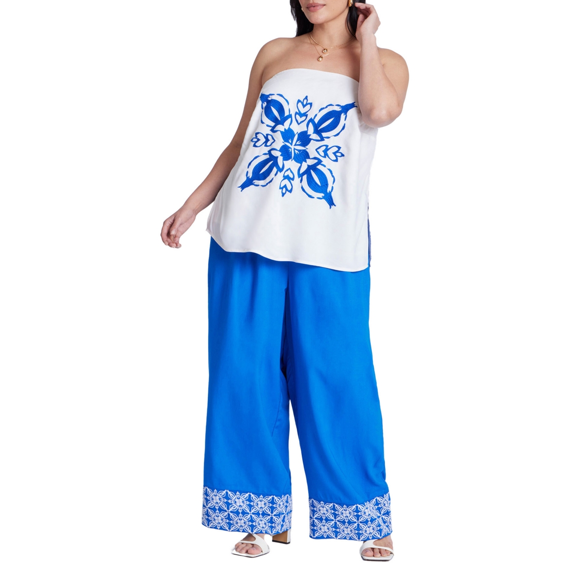 Plus Size Embroidered Hem Pull On Pant - Nautical blue