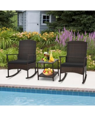 3 Piece Patio Rocking Set Wicker Rocking Chairs with 2-Tier Coffee Table