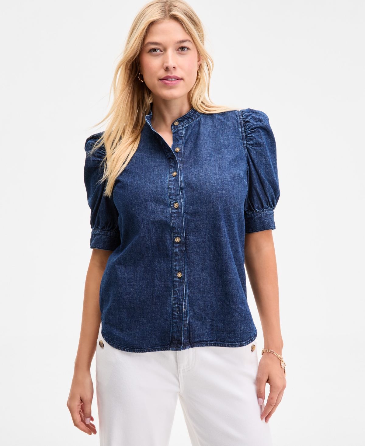 Women's Denim Puff-Sleeve Shirt, Exclusively at Macy's - Midnight