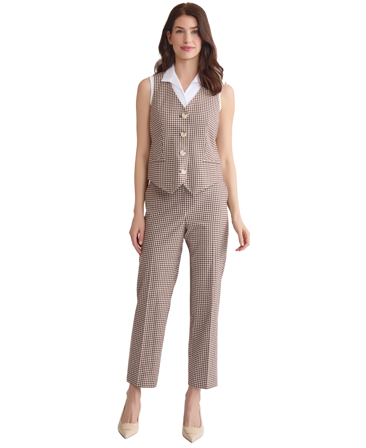 Jones New York Gingham Vest In Brown
