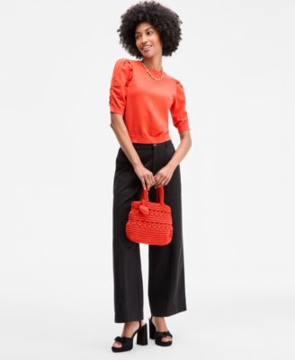 Womens Puff Sleeve Crewneck Sweater Solid Easy Wide Leg Pants Stanciaa Platform Dress Sandals Crochet Medium Tote Bag Gold Tone Chain Link Col