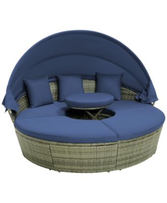 Outdoor PE Wicker Round Daybed with Retractable Canopy and Cushions