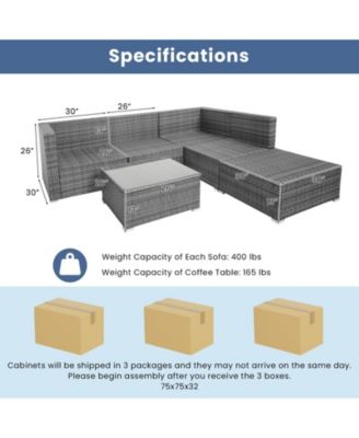 6 Pieces Outdoor Rattan Sofa Set with Seat and Back Cushions