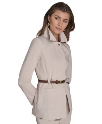 Women's Faux-Leather Belted Stand-Collar Jacket