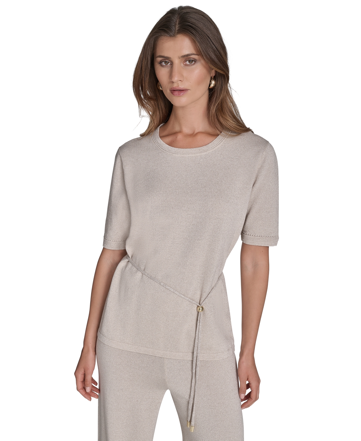 Women's Metallic Tie-Waist Round-Neck Top - Vanilla/pale Gold