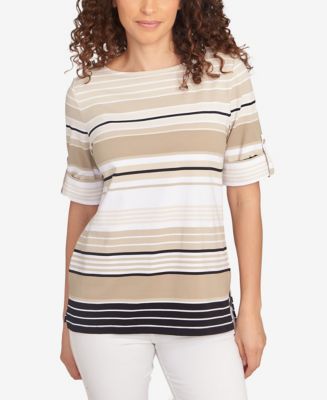 Ruby Rd. Petite Multi Stripe Roll Tab Sleeve T Shirt - Macy's