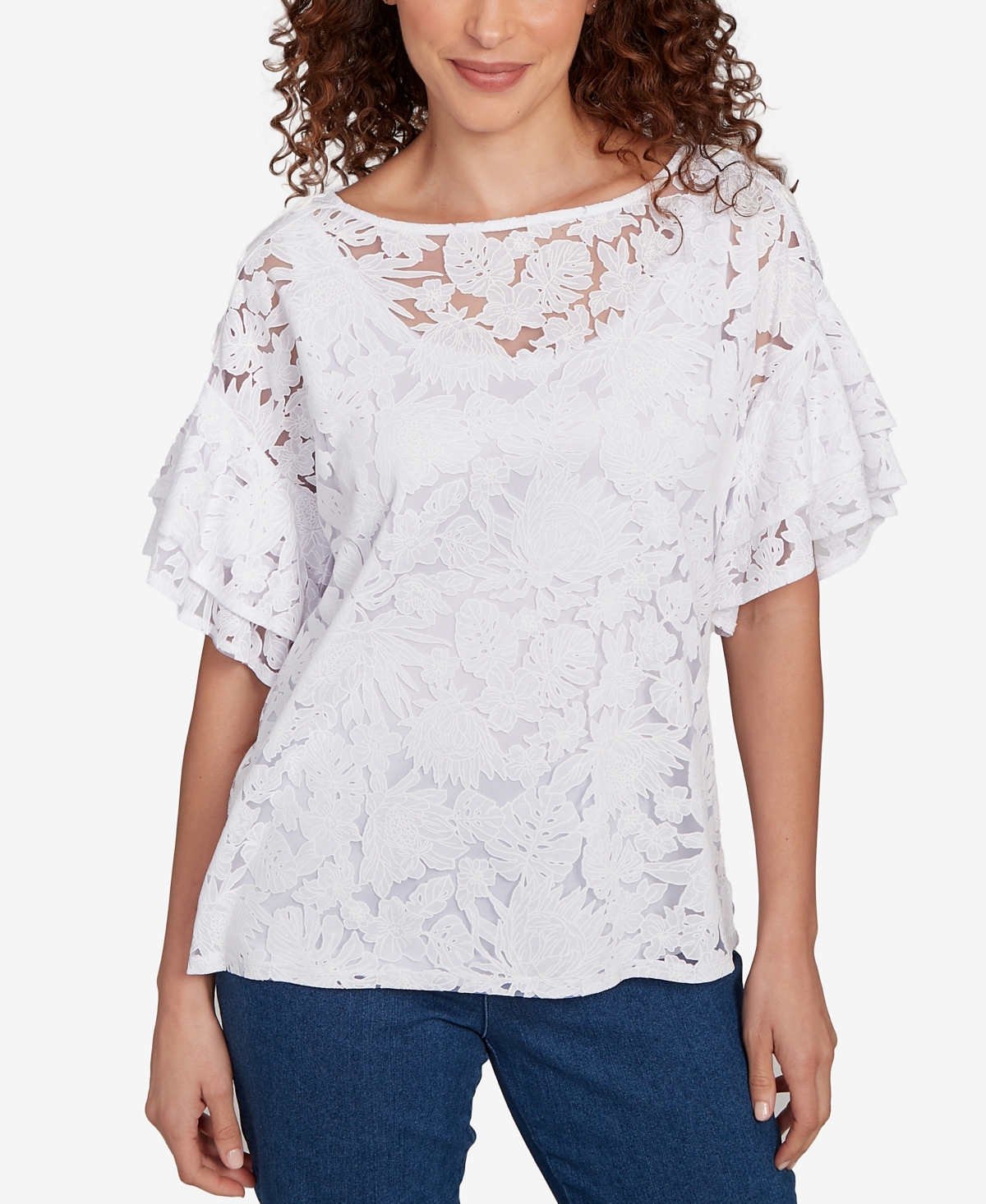 Petite Tropical Puff Print Lined Burnout T Shirt - White Multi