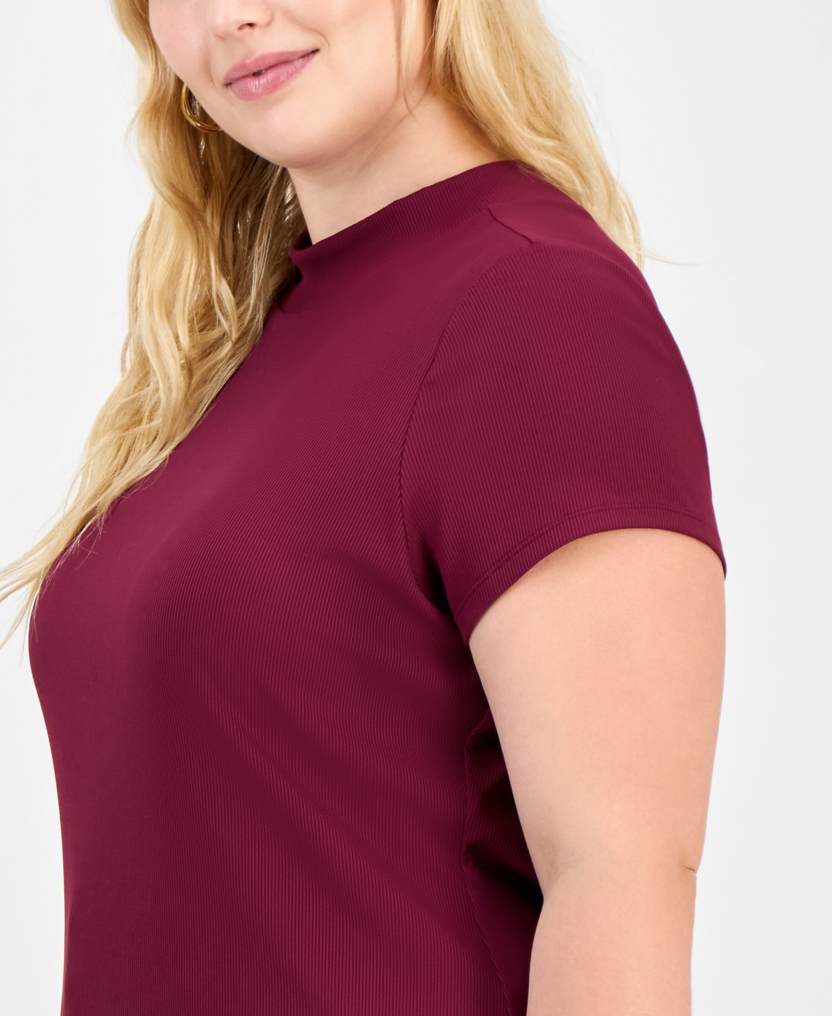 Bar Iii Trendy Plus Second-skin Short-sleeve Mock-neck Top, Macy's Exclusive In Burgundy