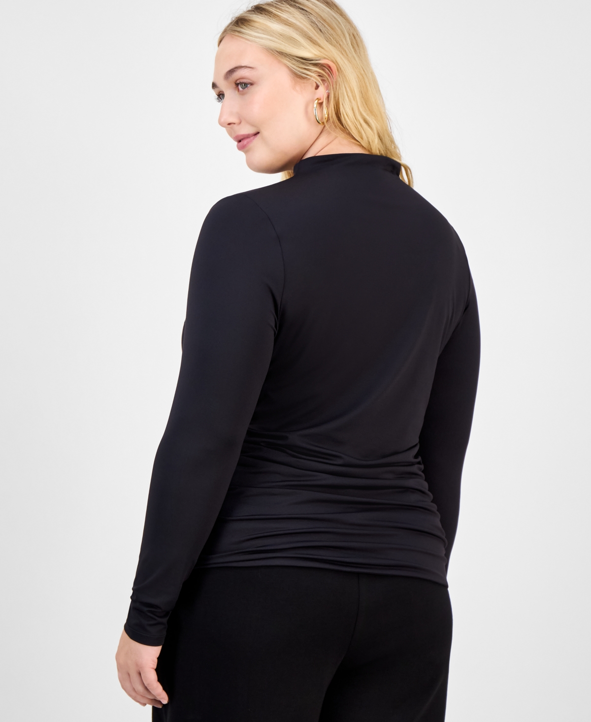 Bar Iii Trendy Plus Ruched Mock-neck Long-sleeve Top, Macy's Exclusive In Black