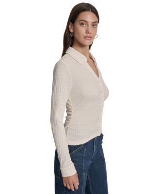 Women's Textured Collared Button-Front Top