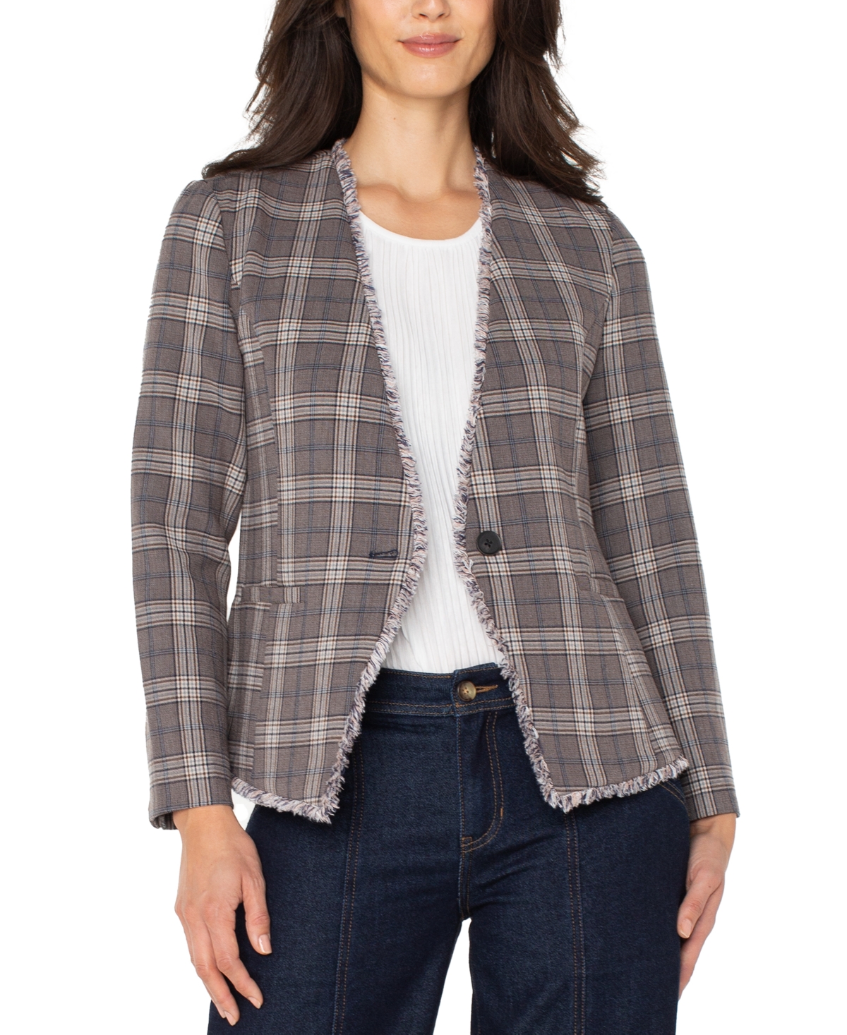 Liverpool Los Angeles Women's Collarless Fray-trim Fitted Blazer In Multi