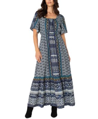 Liverpool Los Angeles - Women's Square-Neck Elbow-Sleeve Woven Maxi Dress