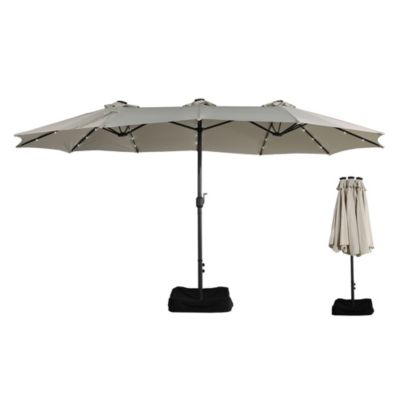15 FT Double-Head Patio Umbrella with Base Included Large Outdoor Umbrella with Solar Detachable Lights Rectangular Crank Market Umbrella
