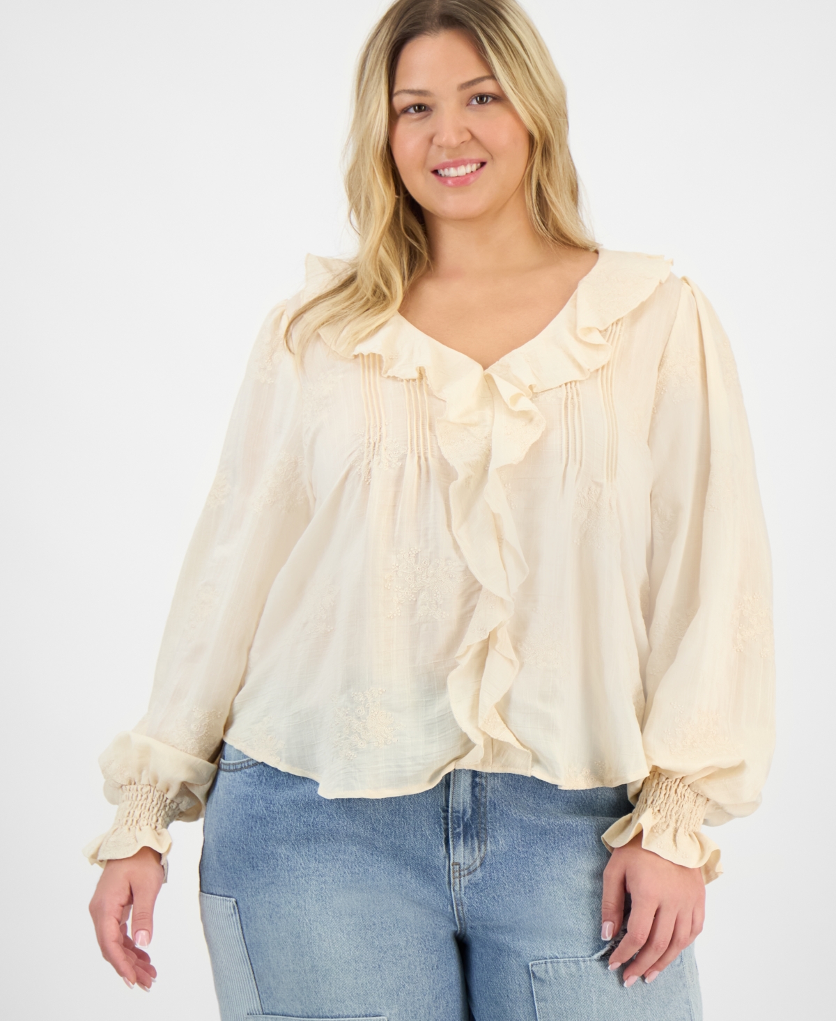 And Now This Trendy Plus Size Embroidered Balloon-sleeve Blouse, Macy's Exclusive In Neutral