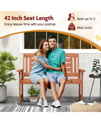 Outdoor  Loveseat Hardwood 2-Seat Bench with Inclined Backrest and Slatted Seat