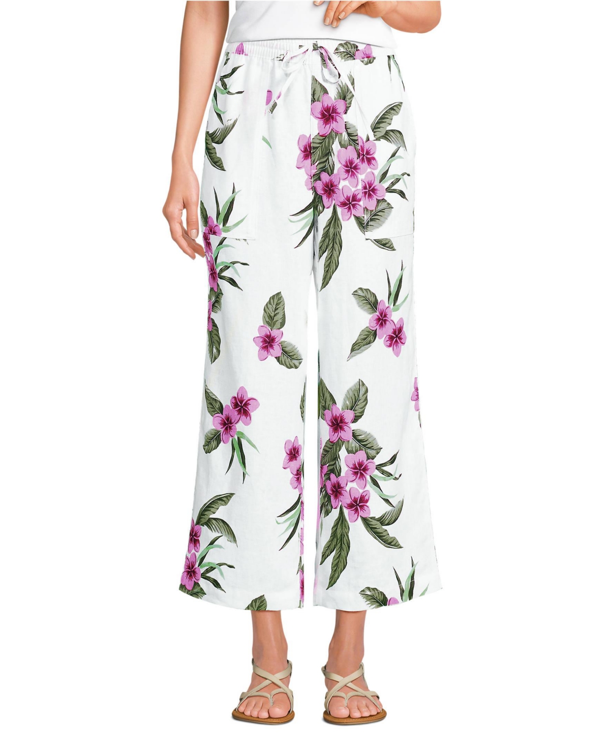 Women's High Rise Drawstring Linen Wide Leg Crop Pants - White/magenta plumeria