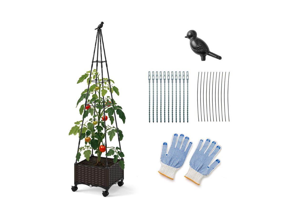 Raised Garden Bed Adjustable with Plant Box and Trellis with Lockable Wheels - Brown and Black