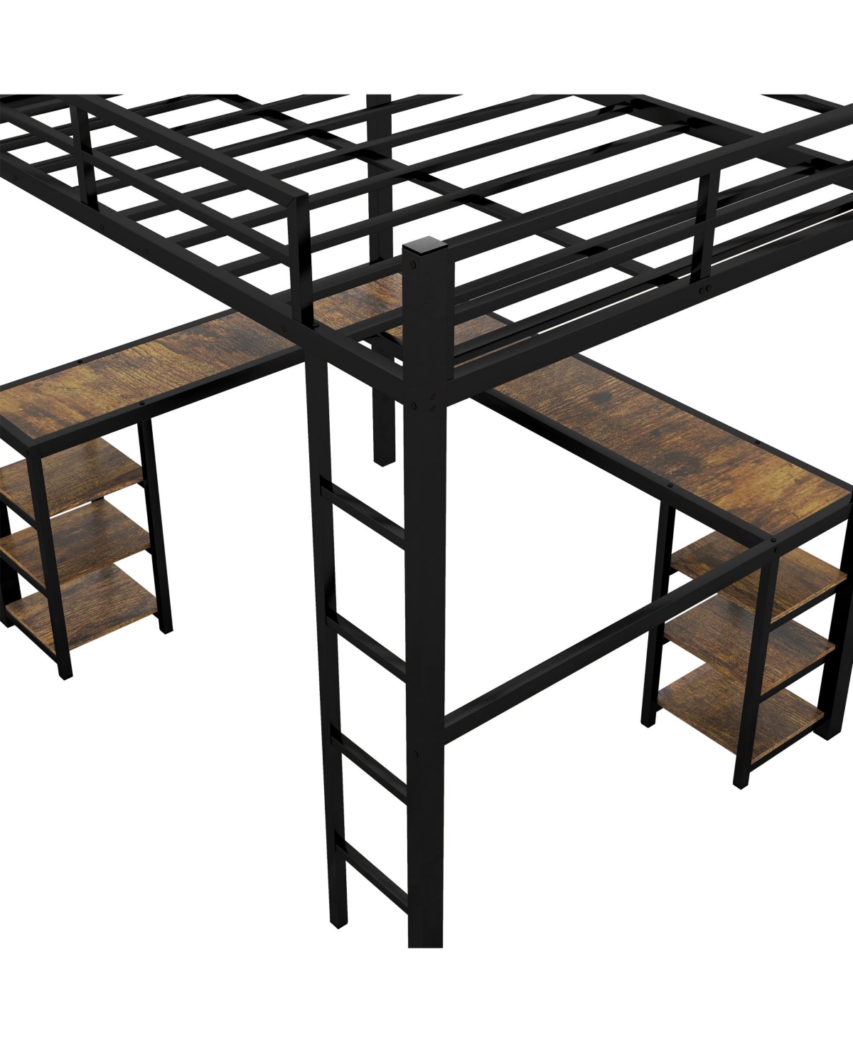 Full Metal Loft Bed with Desk and Shelves, Loft Bed with Ladder and Guardrails, Loft Bed Frame for Bedroom, Black