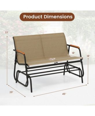 Patio Glider Bench with Curved Teak Armrests and Breathable Fabric Seat for 2 People