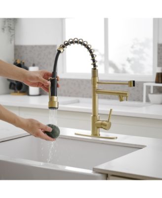Contemporary Single Handle Pull-Down Spring Faucet with Sprayer and Deck Plate Commercial Kitchen Faucet