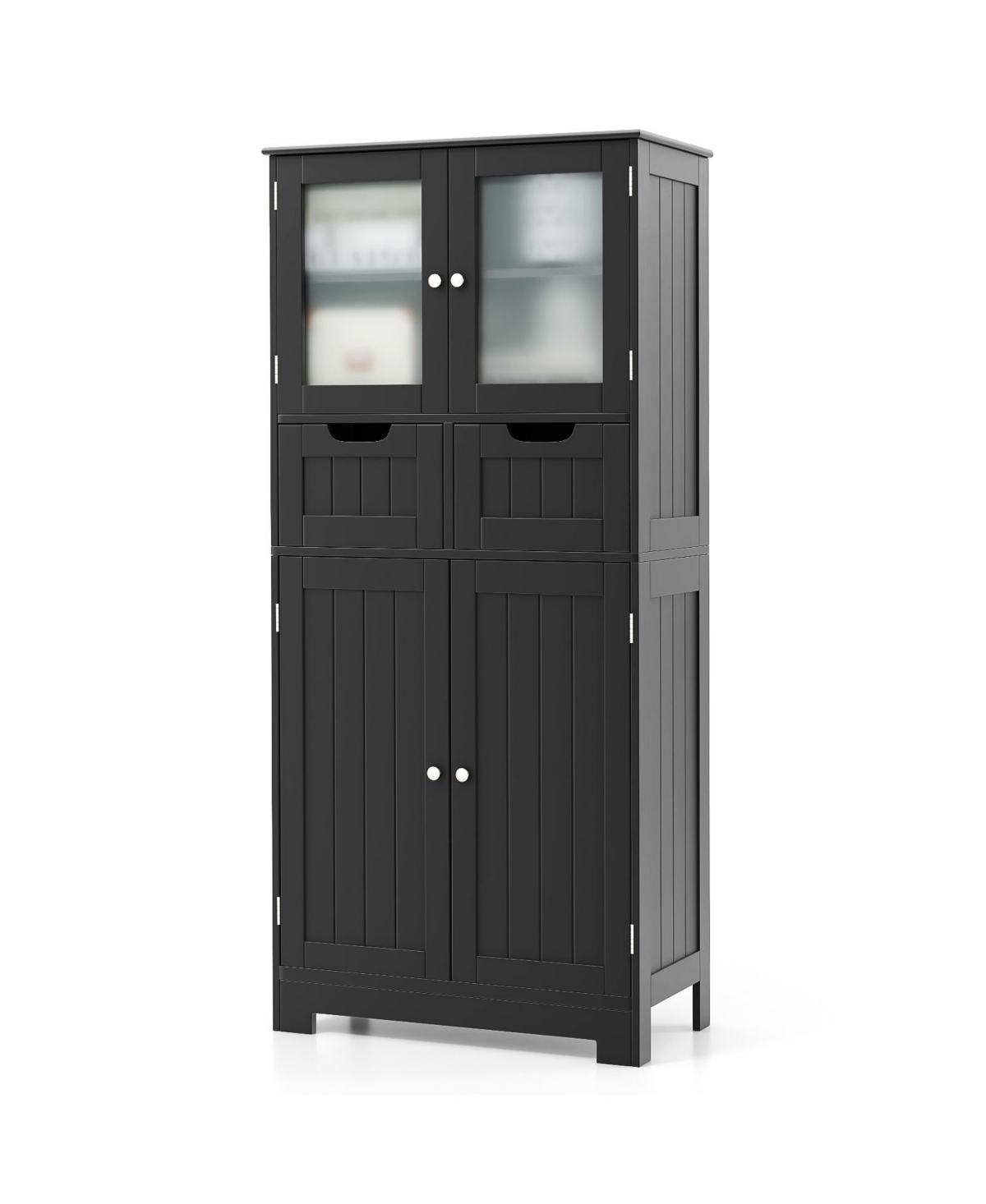 4 Door Freestanding Bathroom Floor Storage Cabinet with 2 Drawers and Glass Doors - Black