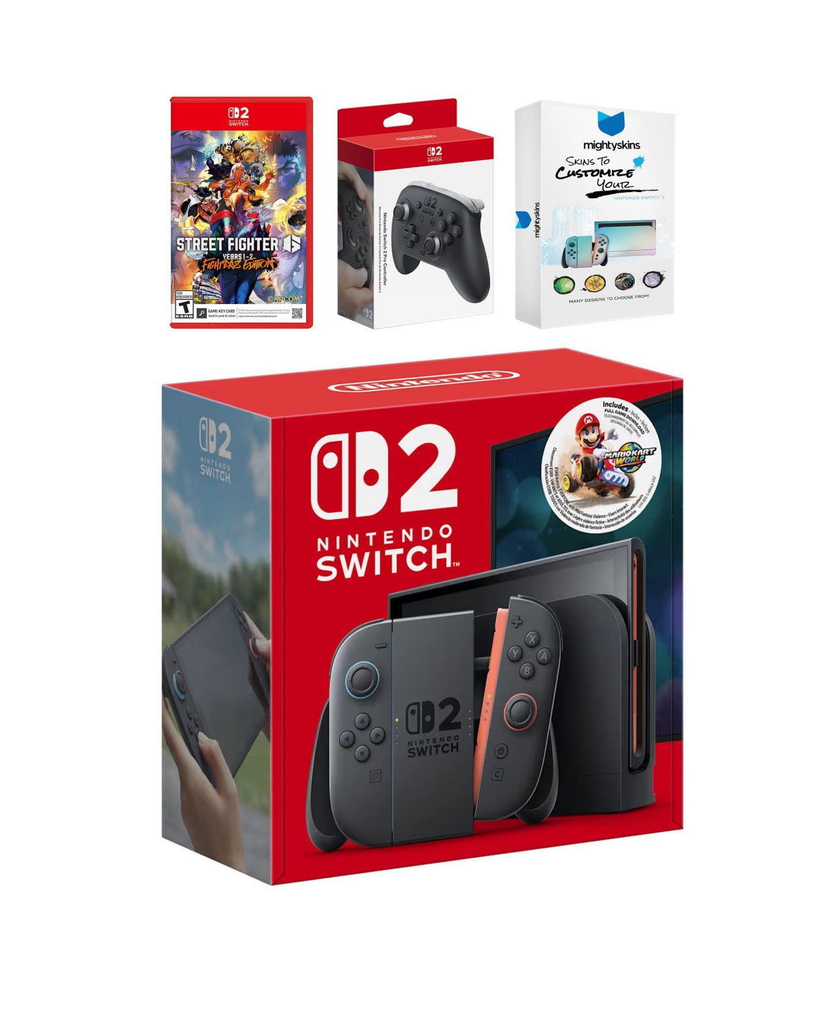 Nintendo Switch 2 + Mario Kart World Bundle with Street Fighter 6, Pro Controller and MightySkins Code Bundle