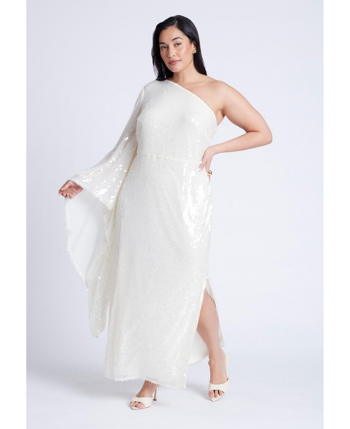 Plus Size One Shoulder Dramatic Sleeve Dress - Coconut milk