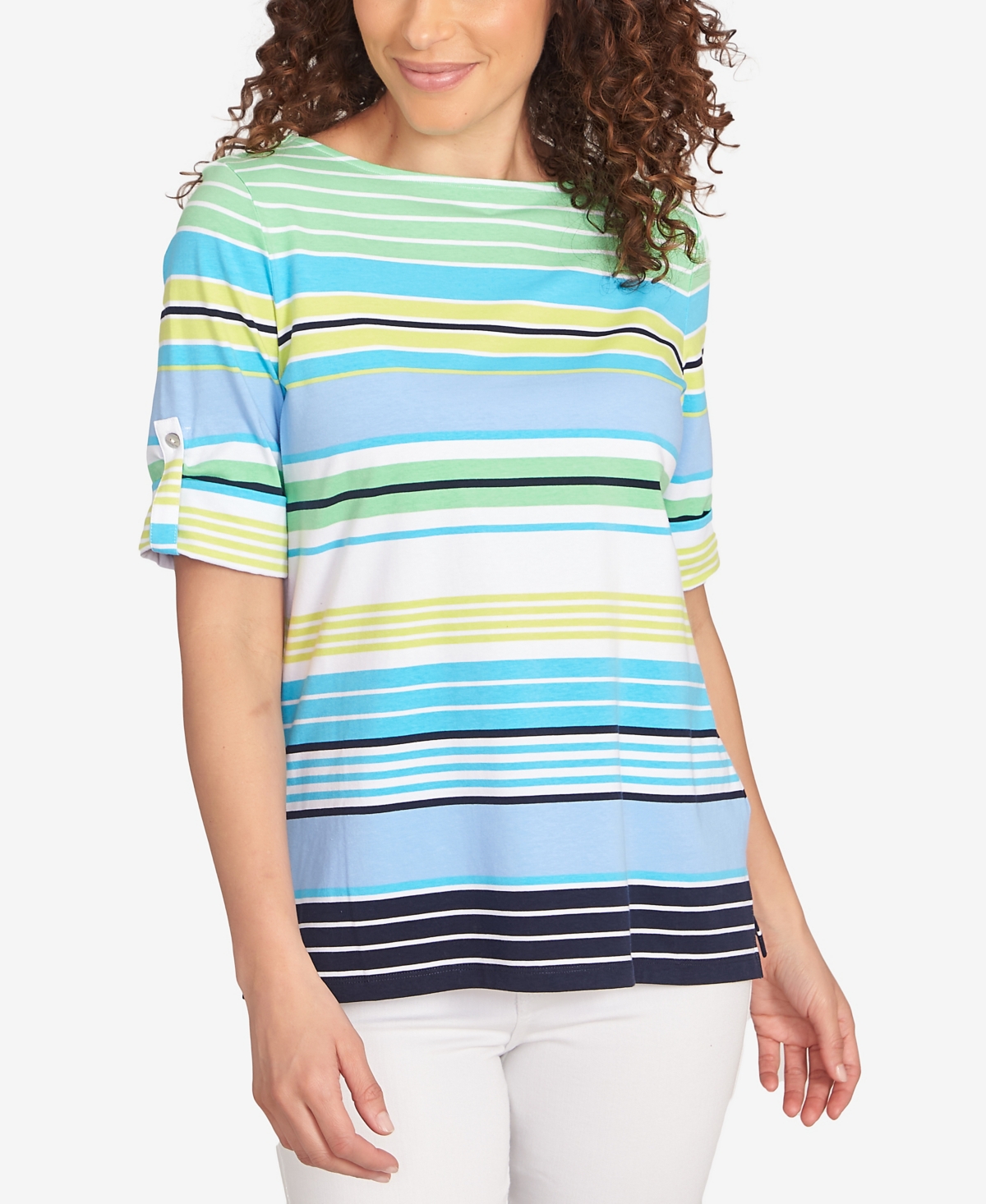 Petite Multi Stripe Roll Tab Sleeve T Shirt - Grapefruit Multi