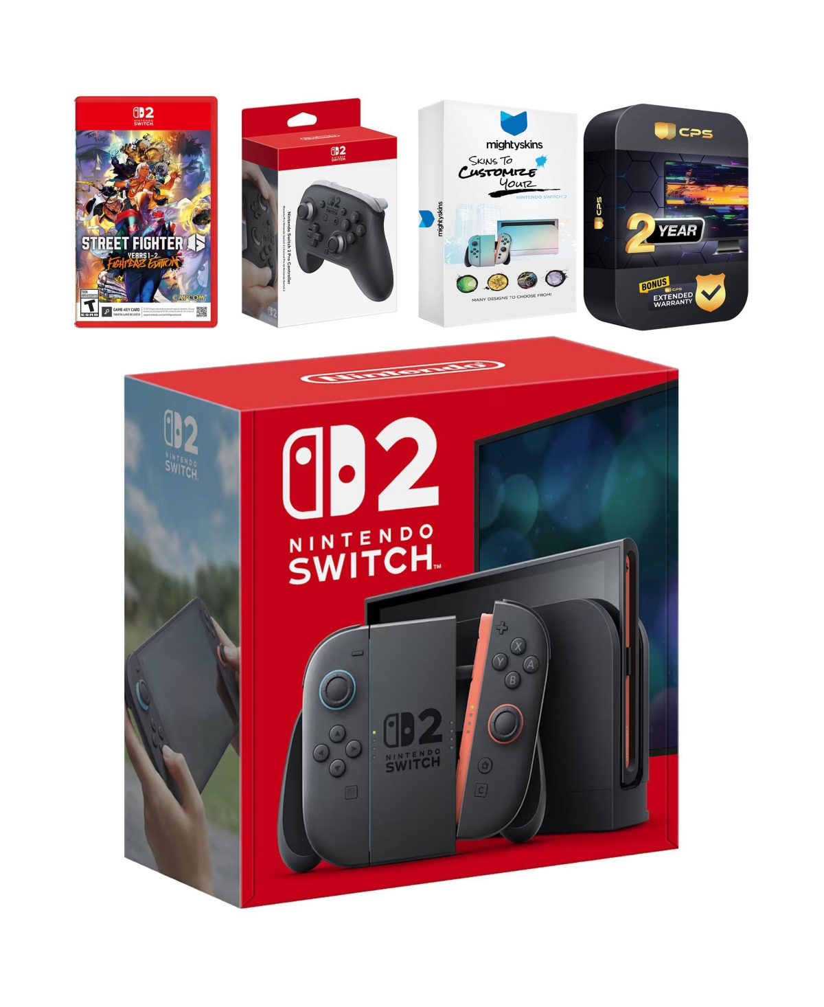 Nintendo Switch 2 Console with Street Fighter 6, Pro Controller, MightySkins Code and 2 Cps Year Extended Warranty