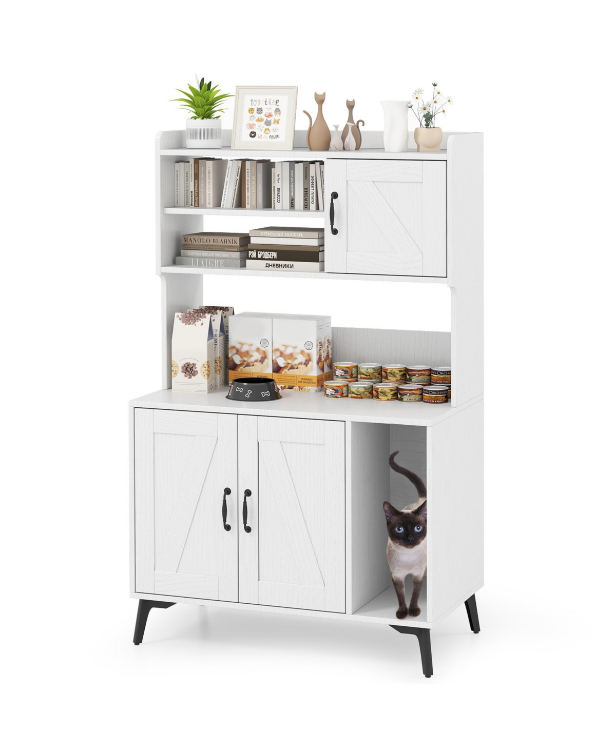 Large Cat Litter Box Enclosure with Display Storage Shelves - White