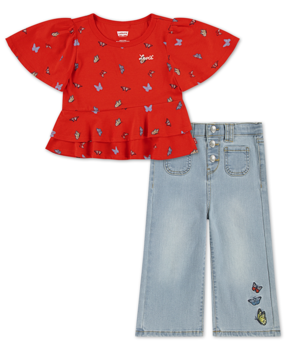 Levi's Kids' Toddler Girls 2-piece Peplum Top And Wide Jeans Set In Red