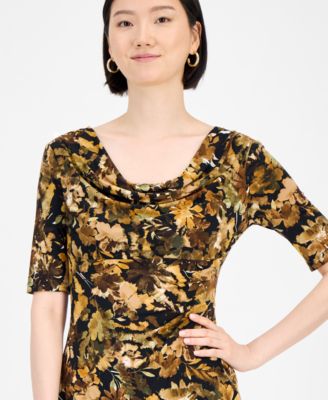 Petite Floral Draped-Neck Elbow-Sleeve Dress