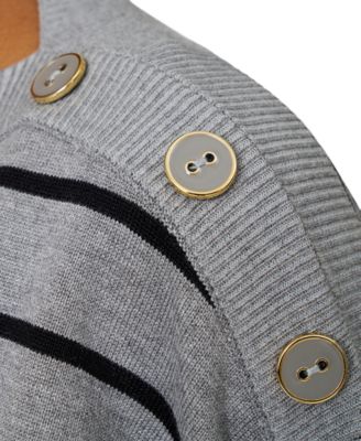 Women's Striped Button-Shoulder Boatneck 3/4-Sleeve Sweater