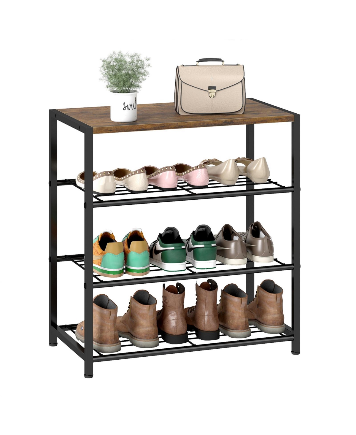 4-Tier Shoe Rack Metal Storage Organizer with Wood Top Board - Black