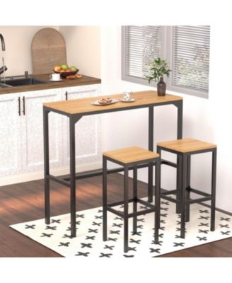 3 Pieces Bar Table Set with 2 Chairs with Metal Legs and Footrest