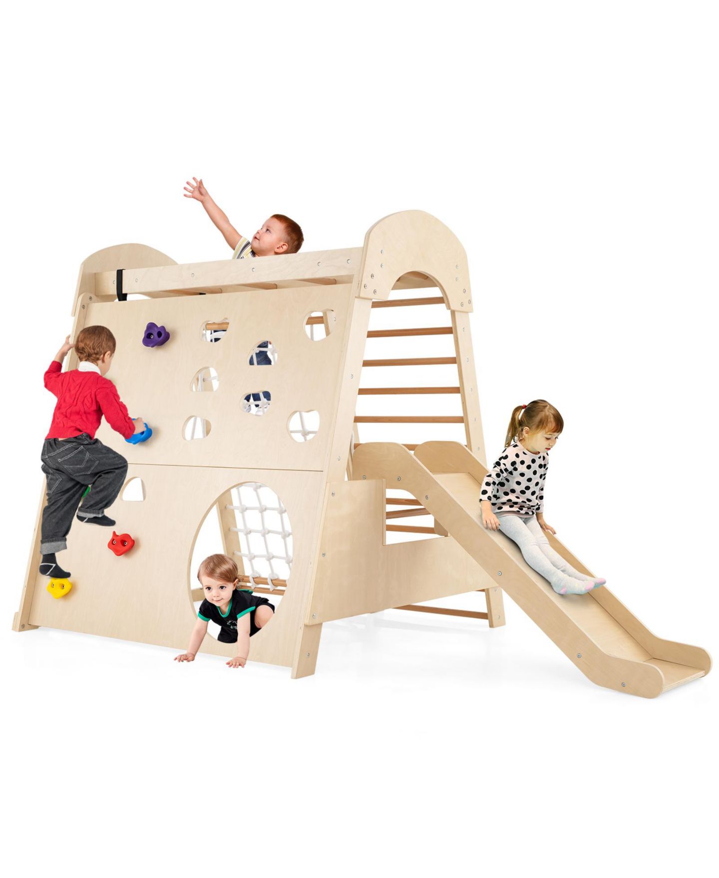 Детская игрушка Slickblue 8-in-1 Indoor Jungle Gym Wooden Playground with Swing and Climbing Wall, цвет: Натуральный — фото 6