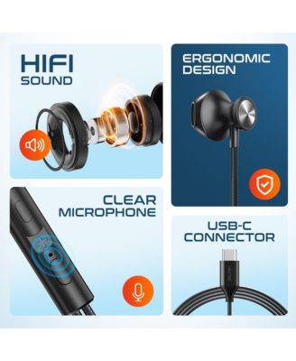 15EC computer earbuds with microphone, Wired Headphones UBC C, USB Type C Earphones with In-Line Remote Control, usb c wired earbuds for iphone, Android Cell Phones, MacBook, iPad, 4ft - Black