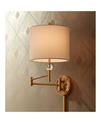 Kohle Modern Swing Arm Wall Lamp Polished Brass Plug-in Light Fixture White Inner Sheer Outer Drum Shade for Bedroom Bedside House