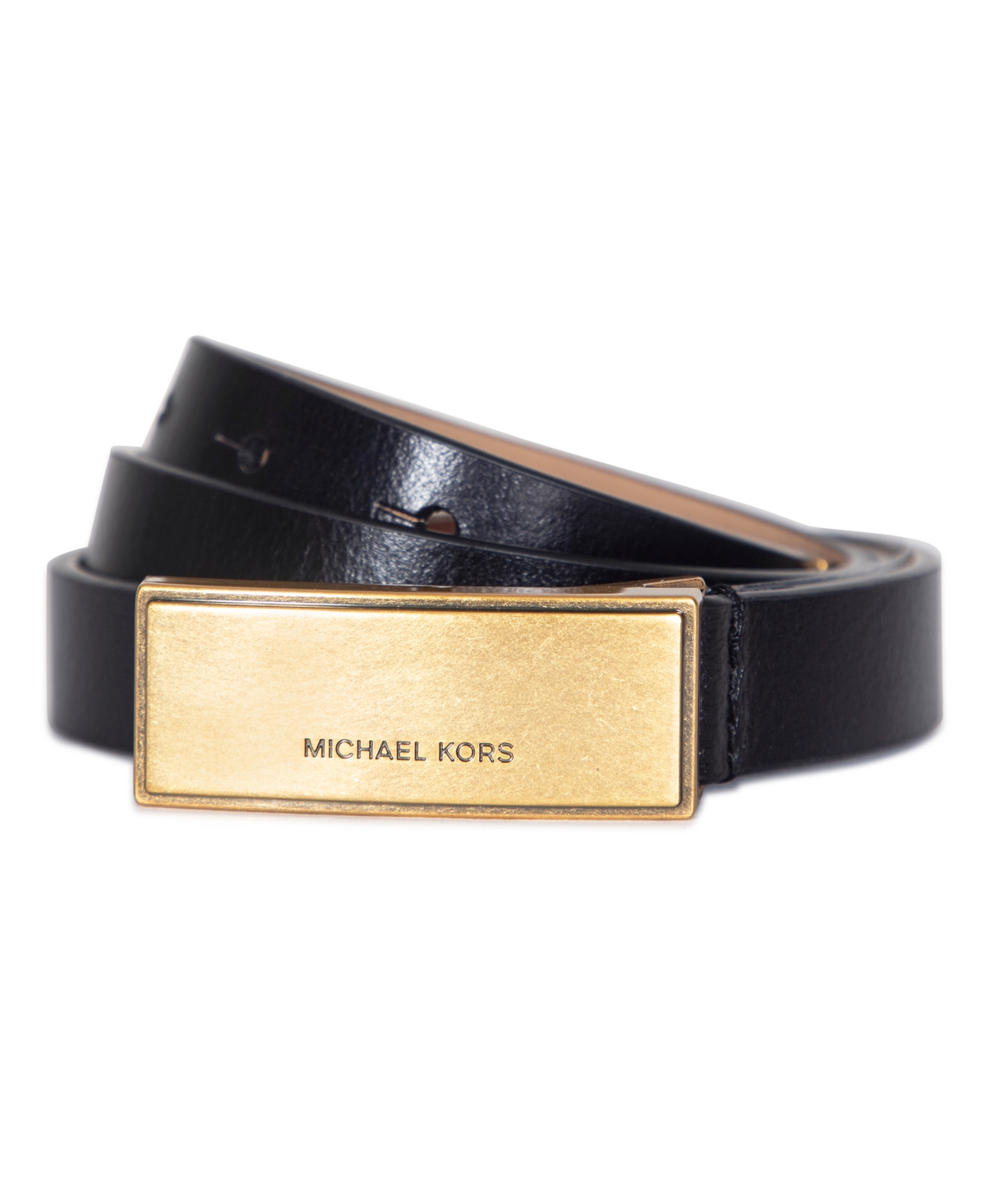 Micheal Kors Women's Plaque Leather Belt - Black, Ant gold