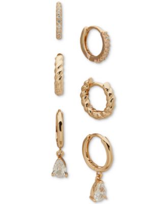 Anne Klein - Gold-Tone 3-Pc. Set Texture Crystal Hoop Earrings